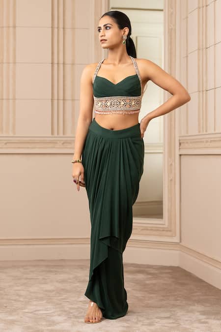 Tarun Tahiliani_Green Cape Satin Organza Blouse Georgette, Indian Tulle Print And Draped Set_Online_at_Aza_Fashions