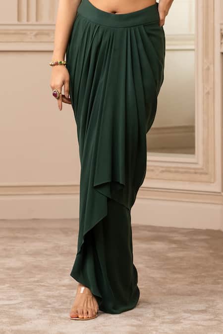 Buy_Tarun Tahiliani_Green Cape Satin Organza Blouse Georgette, Indian Tulle Print And Draped Set_Online_at_Aza_Fashions