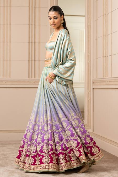 Tarun Tahiliani_Green Lehenga Chanderi Blouse And Cape Foil Jersey Floral Cape Print & Set_Online_at_Aza_Fashions