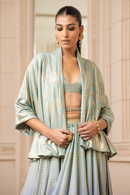Buy_Tarun Tahiliani_Green Lehenga Chanderi Blouse And Cape Foil Jersey Floral Cape Print & Set_Online_at_Aza_Fashions