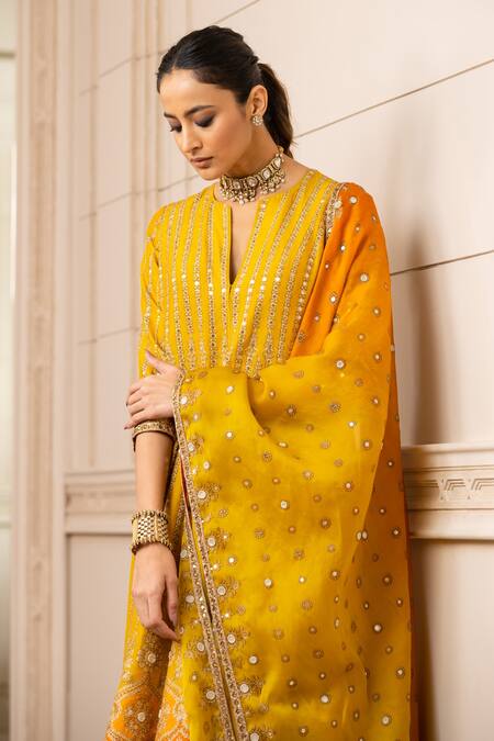 Tarun Tahiliani_Yellow Anarkali Silk Dupion, Churidar Stretch Tulle, Dupatta Printed Set_Online_at_Aza_Fashions