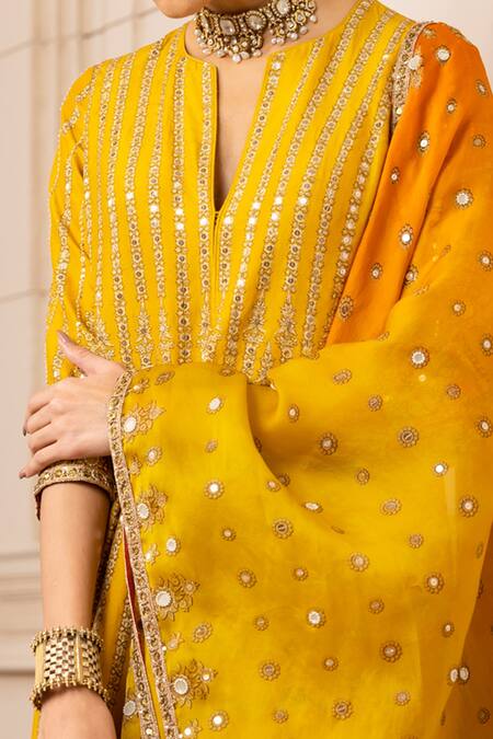 Buy_Tarun Tahiliani_Yellow Anarkali Silk Dupion, Churidar Stretch Tulle, Dupatta Printed Set_Online_at_Aza_Fashions