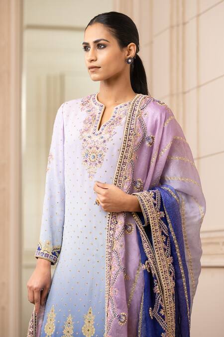 Tarun Tahiliani_Peach Churidar Stretch Tulle, Dupatta Satin Organza, Kurta Print Set_Online_at_Aza_Fashions