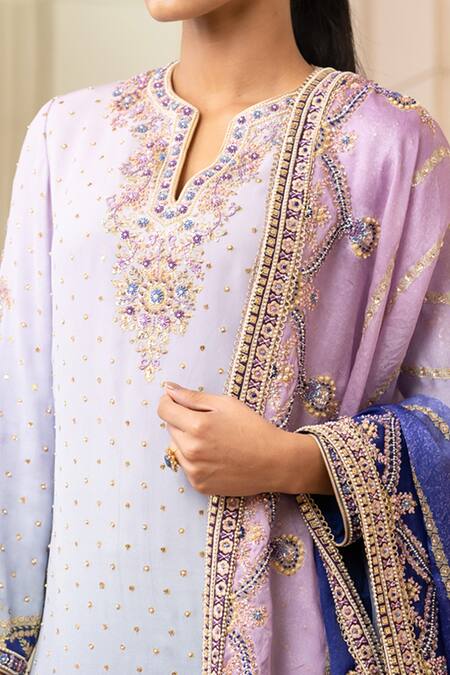 Buy_Tarun Tahiliani_Peach Churidar Stretch Tulle, Dupatta Satin Organza, Kurta Print Set_Online_at_Aza_Fashions