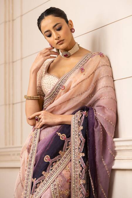 Tarun Tahiliani_Peach Blouse Silk Dupion, Drape Sheer Silk, Embroidered Lehenga Saree Set _Online_at_Aza_Fashions