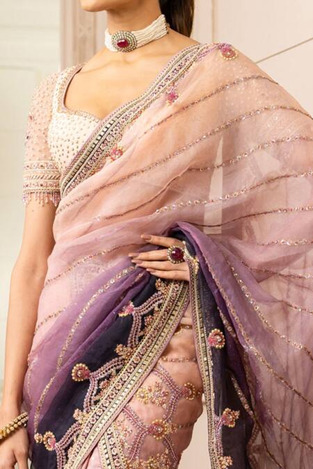 Buy_Tarun Tahiliani_Peach Blouse Silk Dupion, Drape Sheer Silk, Embroidered Lehenga Saree Set _Online_at_Aza_Fashions