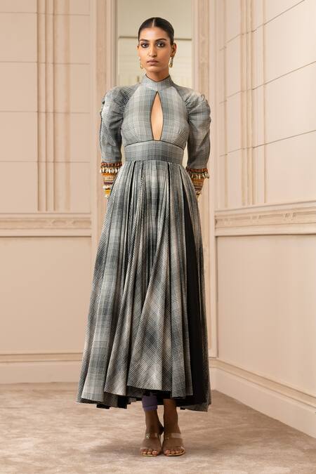 Tarun Tahiliani_Grey Handloom High Neck Anarkali Dress_Online_at_Aza_Fashions