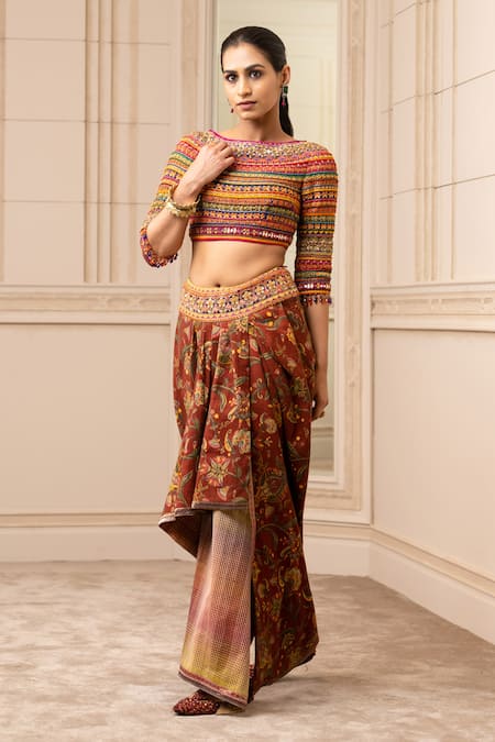 Tarun Tahiliani Maroon Handwoven Cotton Printed Floral Draped Skirt 