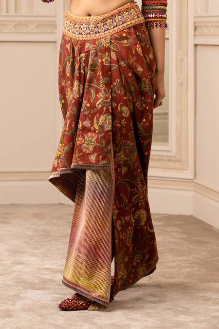 Tarun Tahiliani_Maroon Handwoven Cotton Floral Print Draped Skirt_Online_at_Aza_Fashions