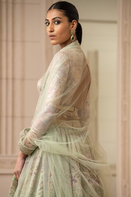Tarun Tahiliani_Green Blouse Printed Foil Jersey, Cape Tulle, Lehenga Kasab Satin And Set_Online_at_Aza_Fashions
