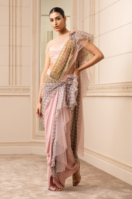 Tarun Tahiliani Pink Concept Saree Georgette Printed Floral Round Draped Set 