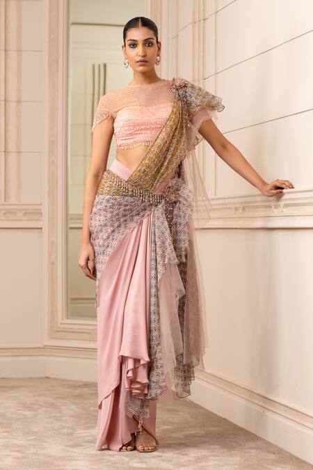 Tarun Tahiliani_Pink Concept Saree Georgette, Sheer Silk Blouse Indian Print Draped Set_Online_at_Aza_Fashions