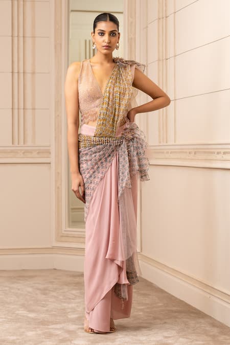 Tarun Tahiliani Pink Concept Saree Georgette Printed Floral Halter Cascade Draped Set 