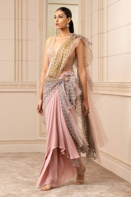 Tarun Tahiliani_Pink Concept Saree Georgette, Sheer Silk Blouse Print Cascade Draped Set_Online_at_Aza_Fashions