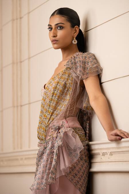 Tarun Tahiliani_Pink Concept Saree Georgette, Foil Jersey, Sheer Silk Cascade Draped With_Online_at_Aza_Fashions
