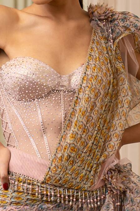 Buy_Tarun Tahiliani_Pink Concept Saree Georgette, Foil Jersey, Sheer Silk Cascade Draped With_Online_at_Aza_Fashions