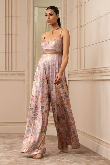 Tarun Tahiliani_Purple Drape Indian Tulle, Jumpsuit Foil Jersey Floral Notched Print_Online_at_Aza_Fashions