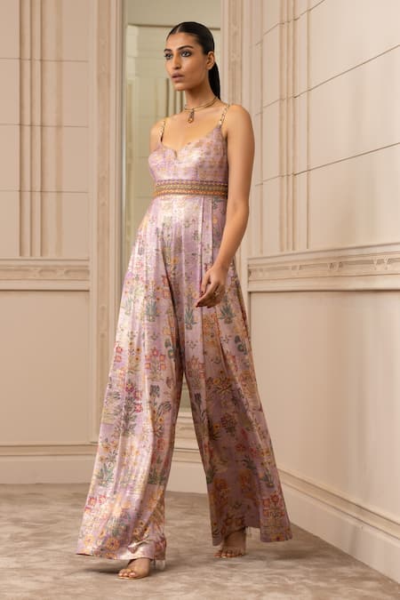 Tarun Tahiliani Foil Jersey Floral Print Jumpsuit 