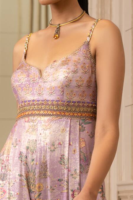 Tarun Tahiliani_Purple Jumpsuit Foil Jersey Floral Notched Print_Online_at_Aza_Fashions