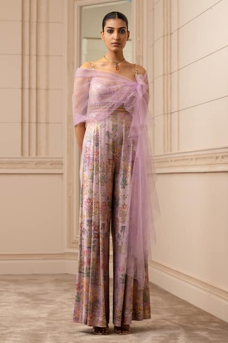 Tarun Tahiliani Foil Jersey Floral Print Jumpsuit 