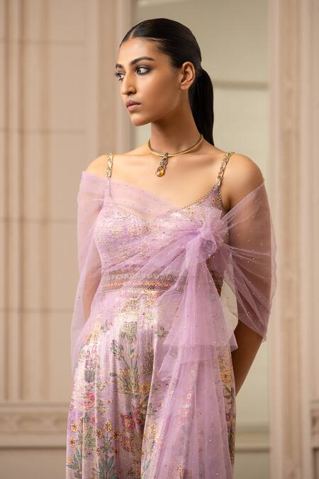 Buy_Tarun Tahiliani_Purple Drape Indian Tulle, Jumpsuit Foil Jersey Floral Notched Print_Online_at_Aza_Fashions