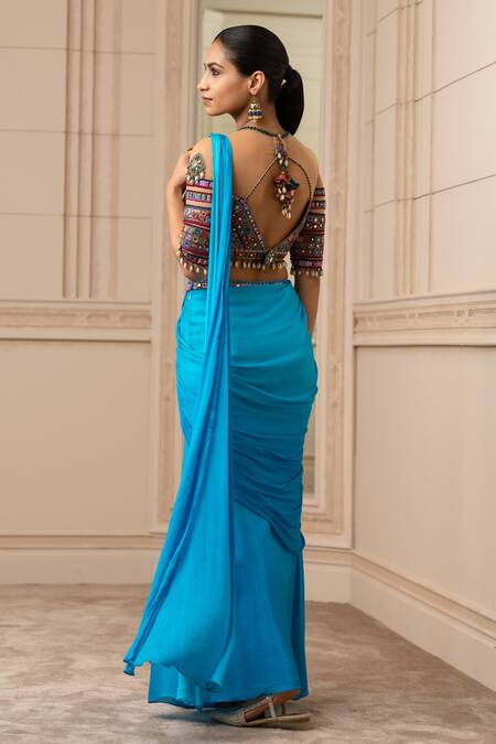 Shop Tarun Tahiliani Blue Tulle, Blouse Chanderi, Concept Saree Shot Pre-draped With Thread Work at Aza Fashions Shop_Tarun Tahiliani_Blue Tulle, Blouse Chanderi, Concept Saree Shot Pre-draped With Thread Work_at_Aza_Fashions