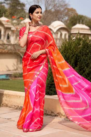 Geroo Jaipur_Multi Color Silk, Cotton Leheriya Woven Saree With Blouse _Online_at_Aza_Fashions