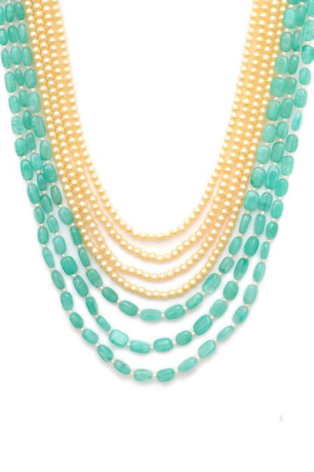 Ruby Raang Green Bead And Pearl Layered Handcrafted Necklace Online at Aza Fashions Ruby Raang_Green Bead And Pearl Layered Handcrafted Necklace _Online_at_Aza_Fashions