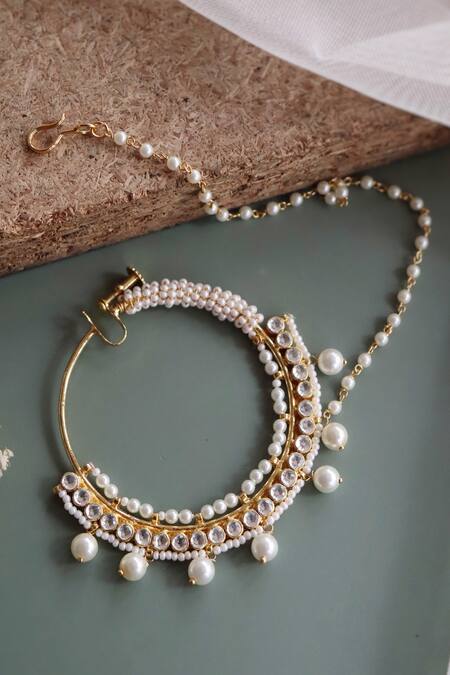 Curio Cottage_Gold Plated Pearls, Diamonds Kundan Nose Ring_Online_at_Aza_Fashions