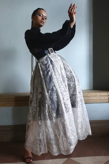 Nidhi Yasha_Black Viscose Round Neck Full Sleeve Shirt And Embroidered Skirt Set _Online_at_Aza_Fashions