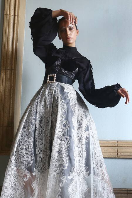 Buy_Nidhi Yasha_Black Viscose Round Neck Full Sleeve Shirt And Embroidered Skirt Set _Online_at_Aza_Fashions