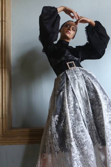 Shop_Nidhi Yasha_Black Viscose Round Neck Full Sleeve Shirt And Embroidered Skirt Set _Online_at_Aza_Fashions