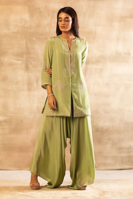 Shop Sana Barreja Green Crepe Round Embroidered Kurta And Draped Pant Set at Aza Fashions Shop_Sana Barreja_Green Crepe Round Embroidered Kurta And Draped Pant Set _at_Aza_Fashions