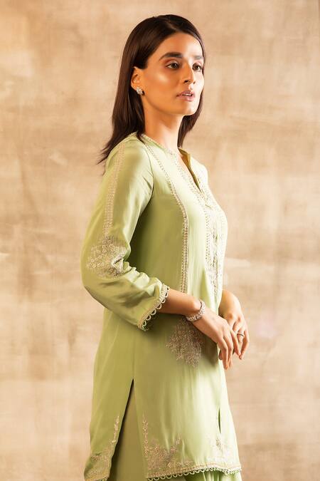 Sana Barreja Green Crepe Round Embroidered Kurta And Draped Pant Set Online at Aza Fashions Sana Barreja_Green Crepe Round Embroidered Kurta And Draped Pant Set _Online_at_Aza_Fashions