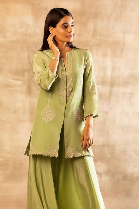 Buy Sana Barreja Green Crepe Round Embroidered Kurta And Draped Pant Set Online at Aza Fashions Buy_Sana Barreja_Green Crepe Round Embroidered Kurta And Draped Pant Set _Online_at_Aza_Fashions