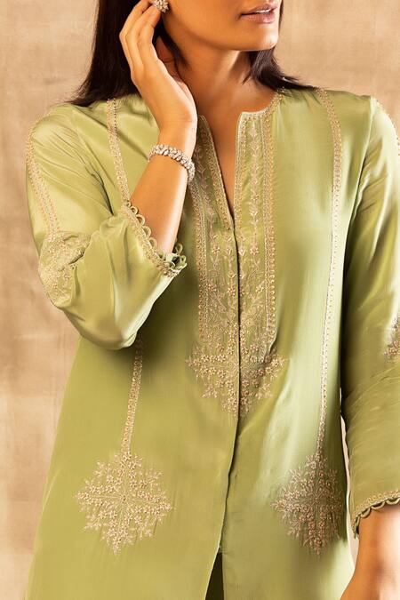 Sana Barreja Green Crepe Round Embroidered Kurta And Draped Pant Set at Aza Fashions Sana Barreja_Green Crepe Round Embroidered Kurta And Draped Pant Set _at_Aza_Fashions