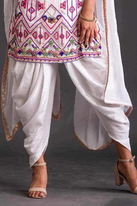 Buy_Kefi Collections_White Viscose, Georgette, Crepe Beads Falak Embroidered Kurta Dhoti Pant Set_Online_at_Aza_Fashions