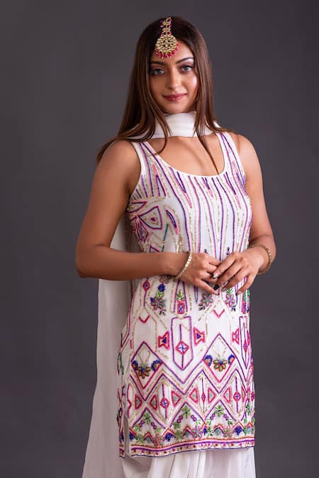 Shop_Kefi Collections_White Viscose, Georgette, Crepe Beads Falak Embroidered Kurta Dhoti Pant Set_Online_at_Aza_Fashions
