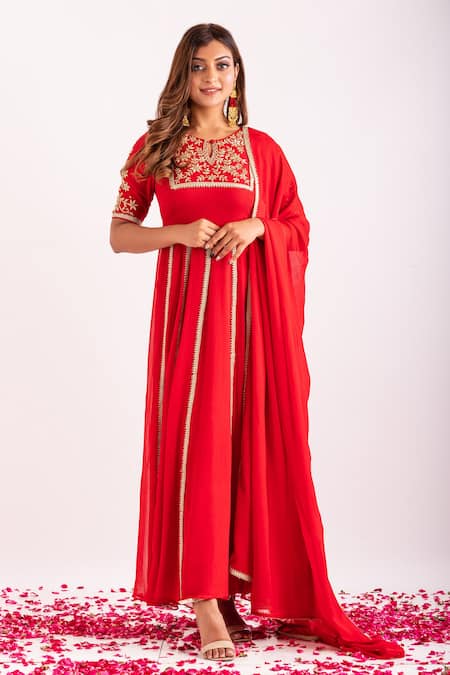 Kefi Collections_Red Viscose, Georgette, Lycra Embroidery Round Falak Hand Anarkali Pyjama Set_Online_at_Aza_Fashions