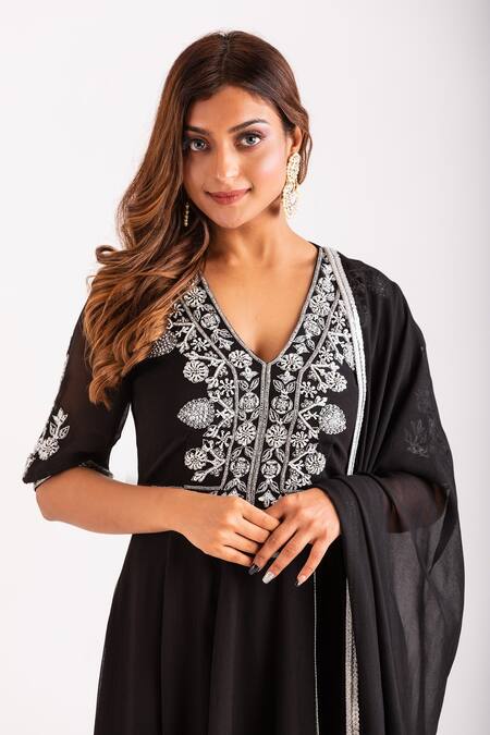 Kefi Collections_Black Viscose, Georgette, Lycra Sequins, Falak Floral Embroidered Anarkali Set_Online_at_Aza_Fashions