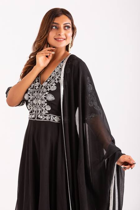 Buy_Kefi Collections_Black Viscose, Georgette, Lycra Sequins, Falak Floral Embroidered Anarkali Set_Online_at_Aza_Fashions