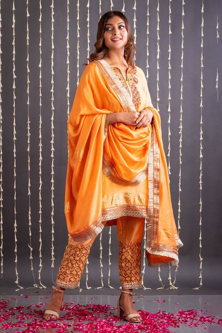 Buy_Kefi Collections_Orange Silk Foil Printing, Embroidery, Sequins, Tassels Round Kurta Pant Set_Online_at_Aza_Fashions