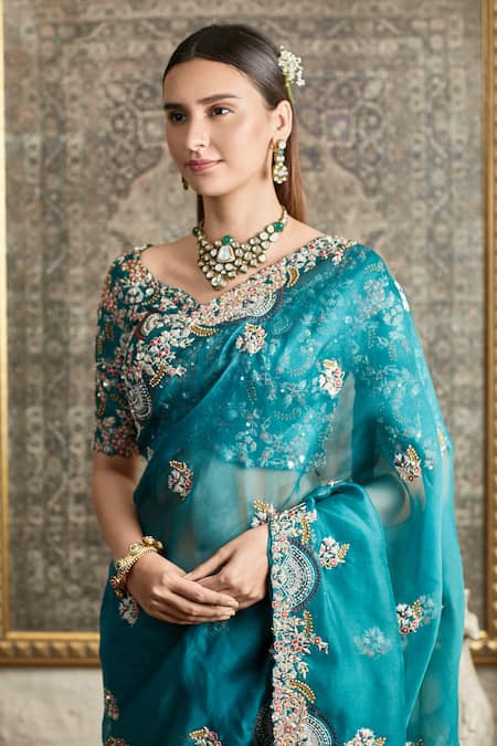 Magnificent Peacock Blue Sequined Crepe Party Wear Saree With Blouse (Un-Stitched)