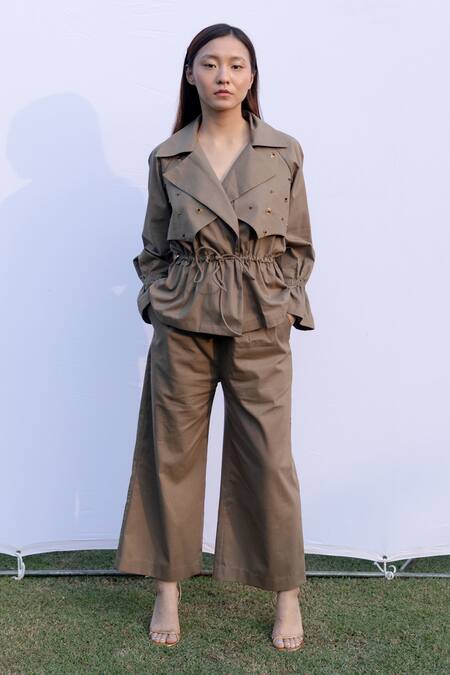 Kavya Singh Kundu_Beige Cotton Sequins Collared Plain Jacket Top With Pant _Online_at_Aza_Fashions