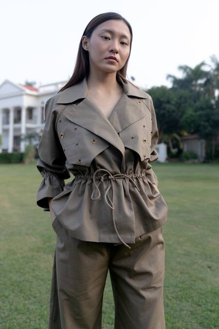 Buy_Kavya Singh Kundu_Beige Cotton Sequins Collared Plain Jacket Top With Pant _Online_at_Aza_Fashions