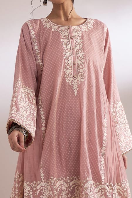 Shop_Heena Kochhar_Pink Tissue Choga Zari Aari Embroidered Kurta And Palazzo Set_Online_at_Aza_Fashions