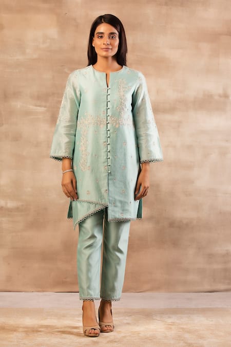 Buy Sana Barreja Blue Chanderi Silk Round Kurta Set Online at Aza Fashions Buy_Sana Barreja_Blue Chanderi Silk Round Kurta Set _Online_at_Aza_Fashions