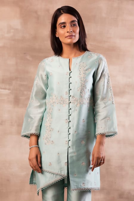 Shop Sana Barreja Blue Chanderi Silk Round Kurta Set Online at Aza Fashions Shop_Sana Barreja_Blue Chanderi Silk Round Kurta Set _Online_at_Aza_Fashions