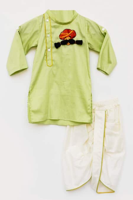 Fayon Kids_Green Cotton, Silk Embroidery Kurta And Dhoti Pant Set _Online_at_Aza_Fashions