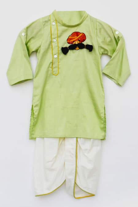 Buy_Fayon Kids_Green Cotton, Silk Embroidery Kurta And Dhoti Pant Set _Online_at_Aza_Fashions